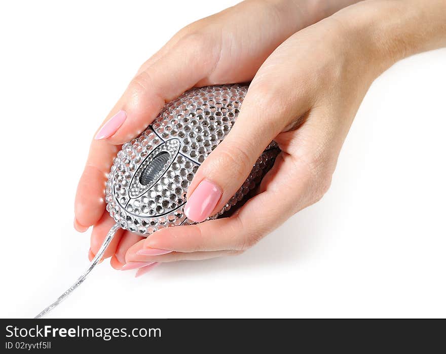 Beautiful womans hand holding crystalised computer mouse pad. isolated on white background. Beautiful womans hand holding crystalised computer mouse pad. isolated on white background