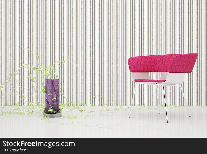 Easy chair with a red back in the room with a mirrored floor and a vase of purple glass