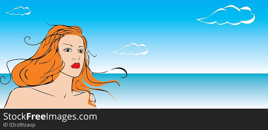 Vector portrait of a beautiful young woman against the sky, sea and clouds. Vector portrait of a beautiful young woman against the sky, sea and clouds