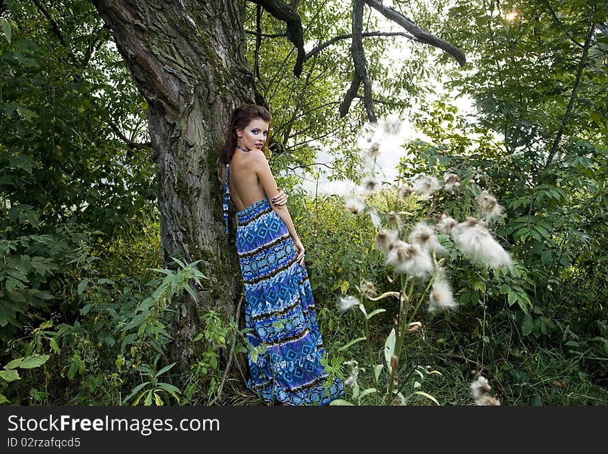 Portrait of a beautiful young woman wearing blue dress in the forest. Portrait of a beautiful young woman wearing blue dress in the forest