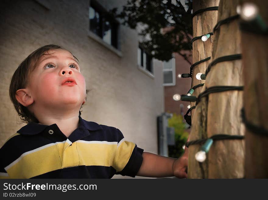 Young boy captivated by lights. Young boy captivated by lights