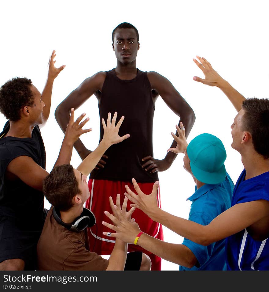 Young group of five teenagers isolated over white. Fresh young men with stylish athletivc outfit. Young group of five teenagers isolated over white. Fresh young men with stylish athletivc outfit.