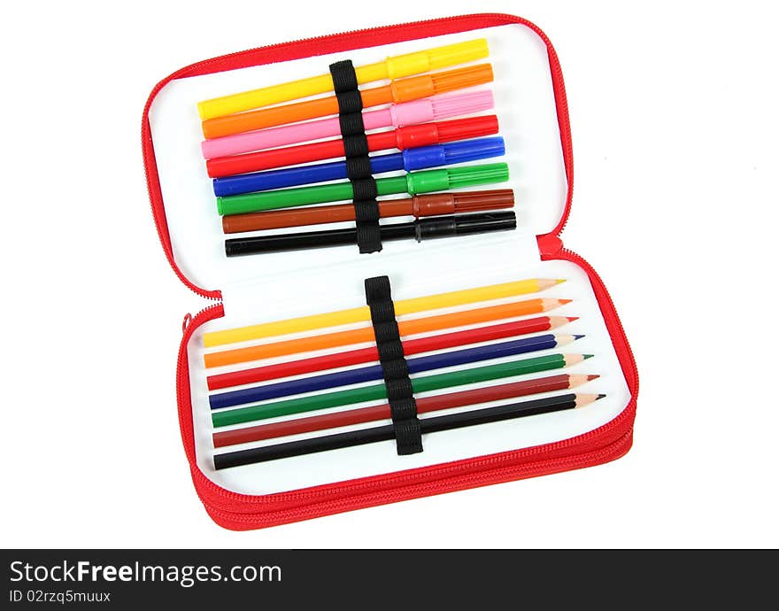 Colored pencils in a case