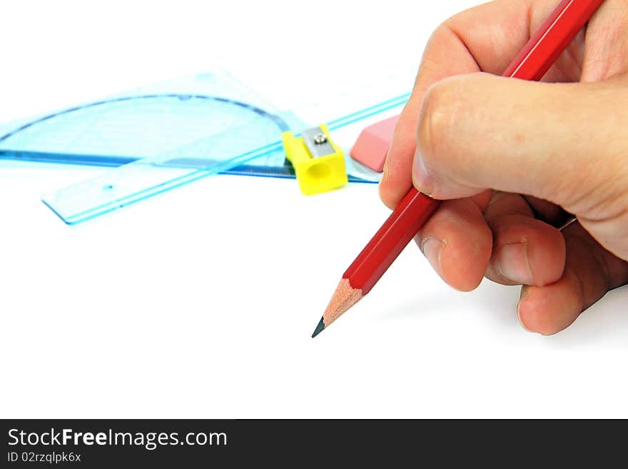 Pencil in male hand and ruler. Pencil in male hand and ruler