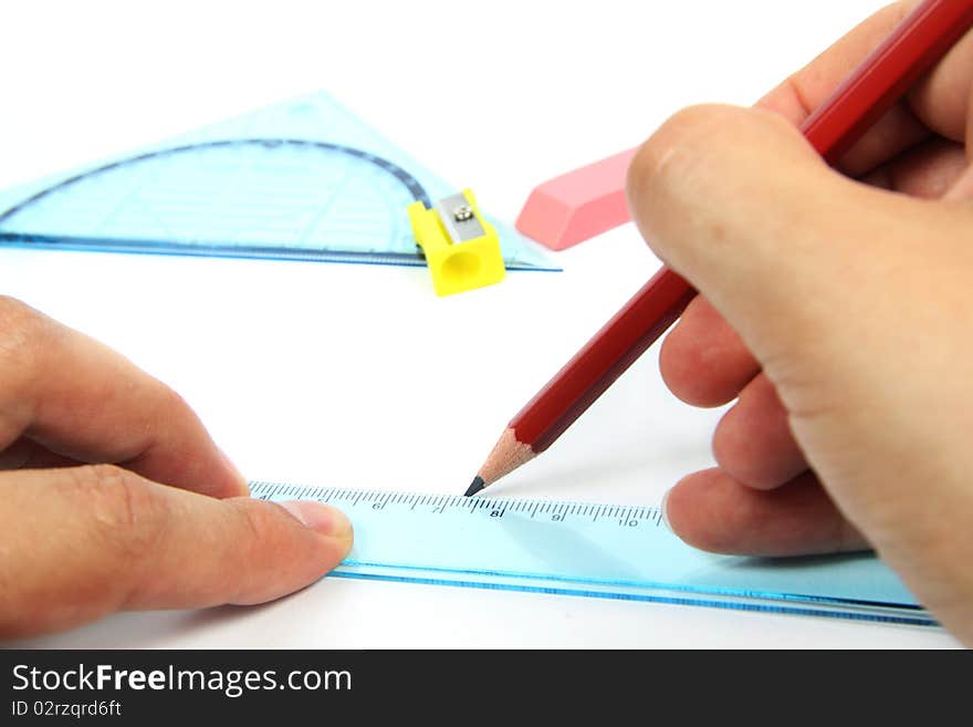 Pencil in male hand and ruler. Pencil in male hand and ruler