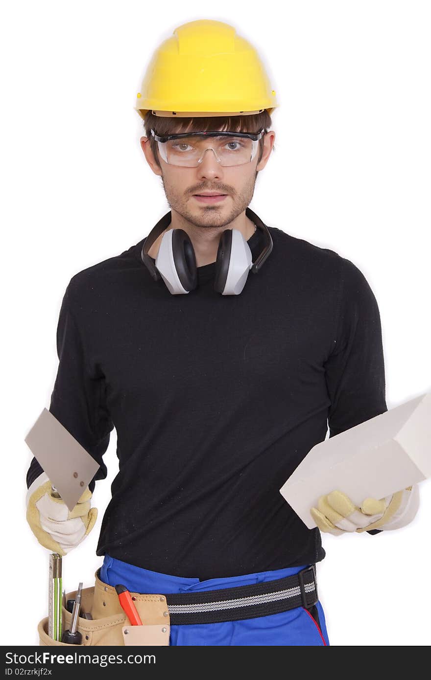 Bricklayer with white brick and spade on white background