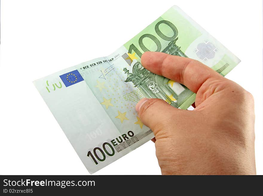 Hand holding a 100 euro bill; with clipping path