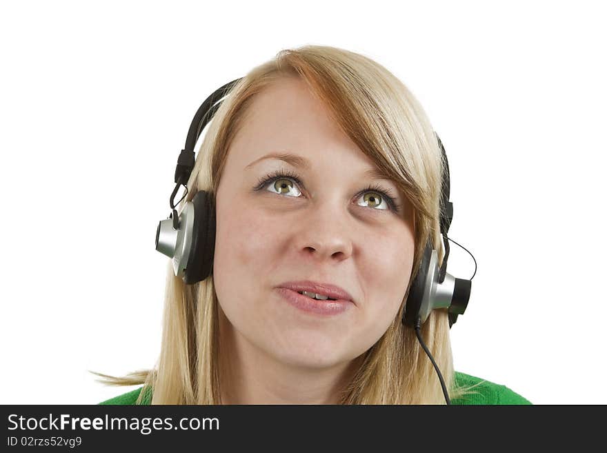 Young woman with headset on isolated white background. Young woman with headset on isolated white background.