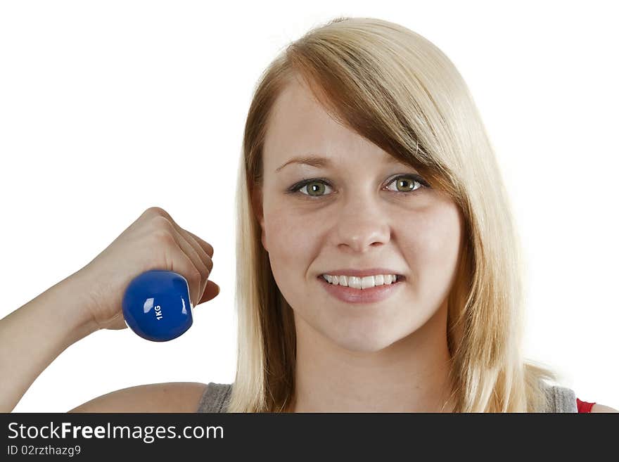 Young woman with dumbbell - isolated on white. Young woman with dumbbell - isolated on white