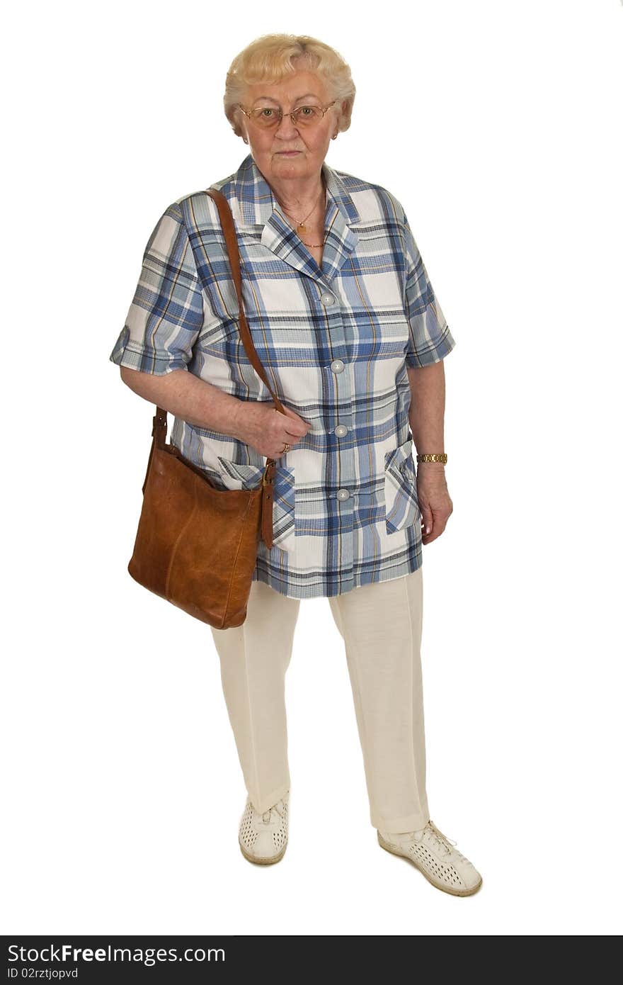 Elderly woman with handbag - isolated on white background