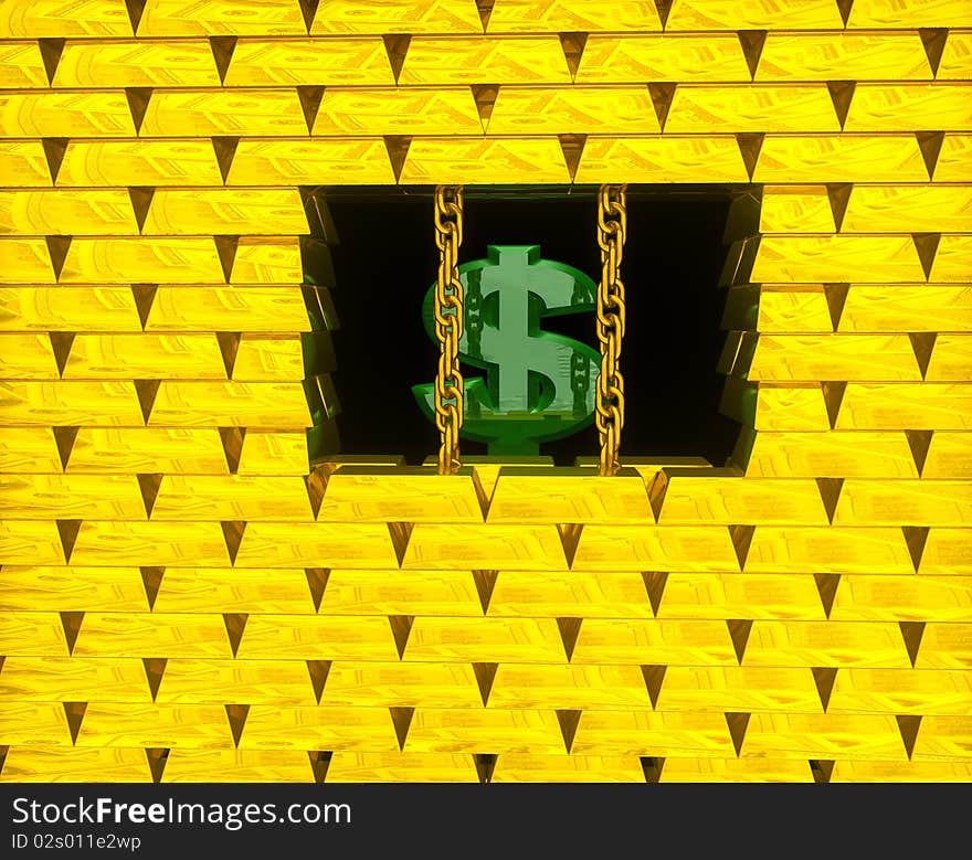 Green sign dollar in cage from gold bricks and chains. Green sign dollar in cage from gold bricks and chains