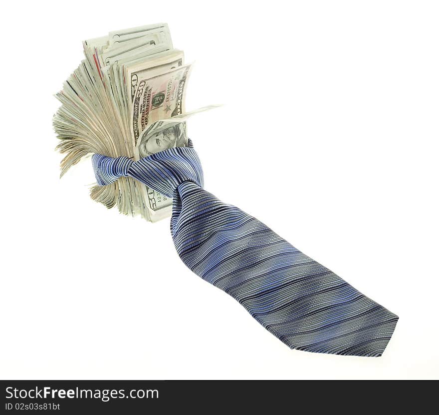 US Currency Twenty Dollar Bills Tied up with a blue, striped men's neck tie, isolated on white background. US Currency Twenty Dollar Bills Tied up with a blue, striped men's neck tie, isolated on white background.