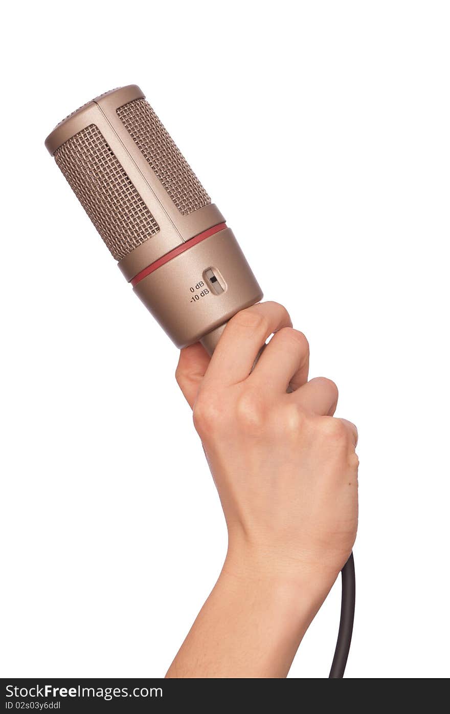 Woman holding big professional microphone for singing. Woman holding big professional microphone for singing