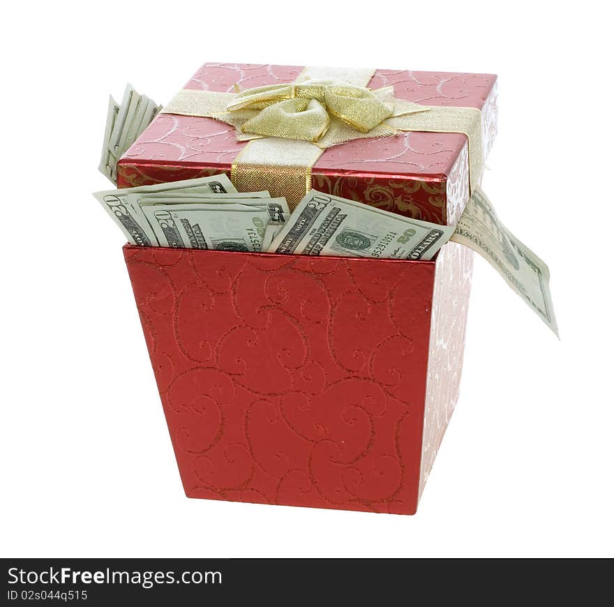 US Currency Twenty Dollar Bills coming out of a Red, square, gift box with lid, isolated on white background. US Currency Twenty Dollar Bills coming out of a Red, square, gift box with lid, isolated on white background.