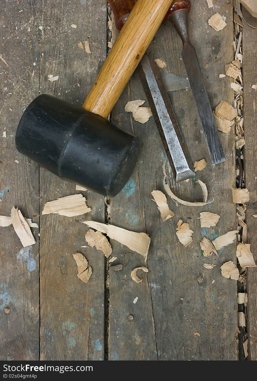 Wood carving tools on the workbench