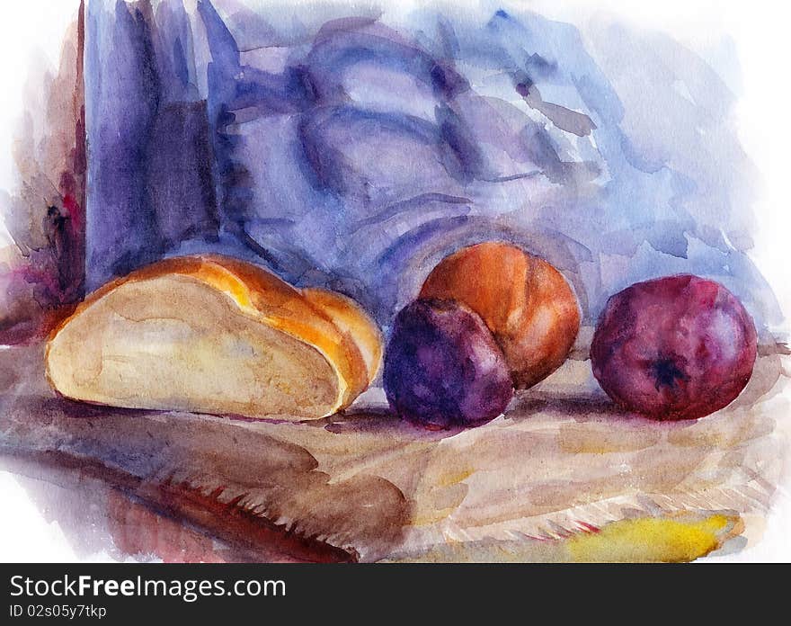 Still life with fruit and half of bread