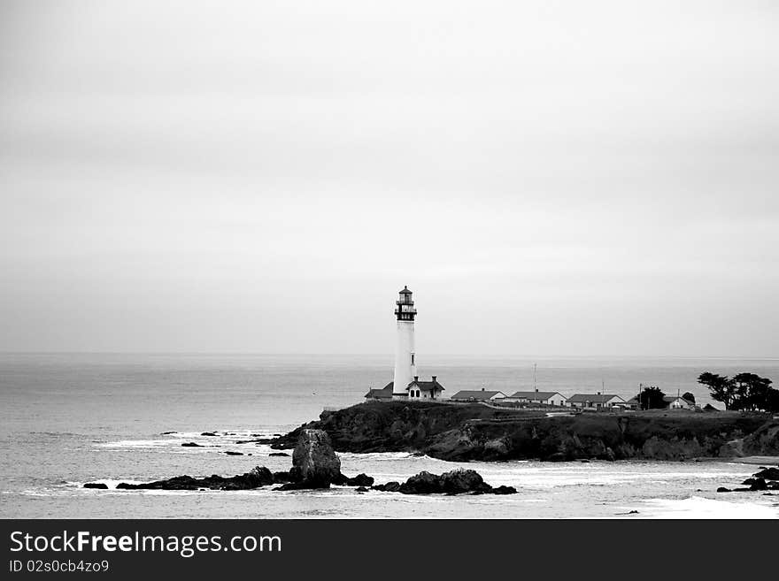 A lighthouse spotted along highway 1 and the coast of California.