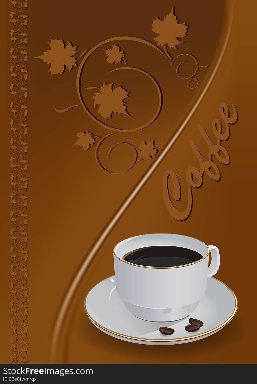 Illustration, blanching cup with coffee on brown background