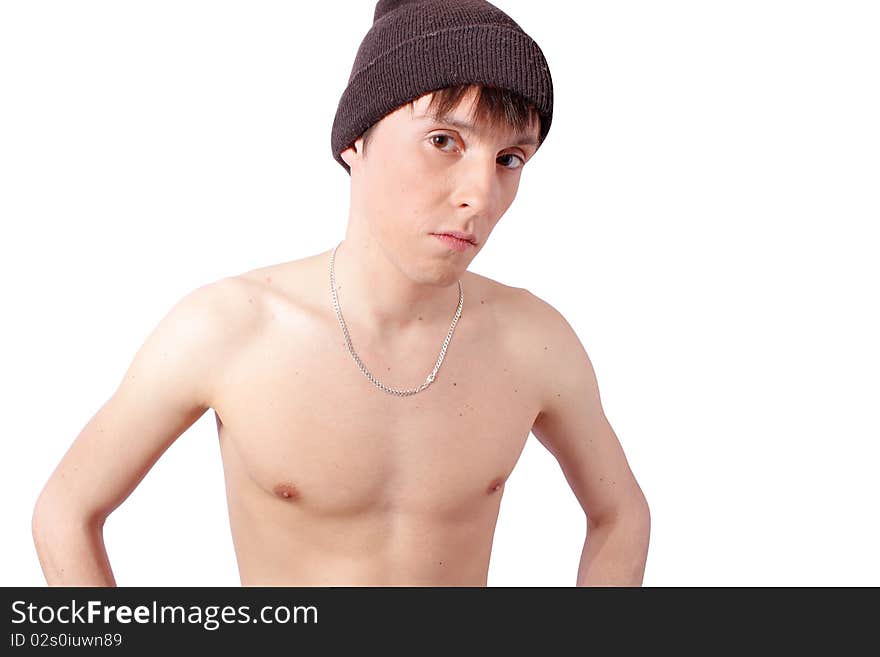 Closeup pensive man in cap,on white background (isolated)