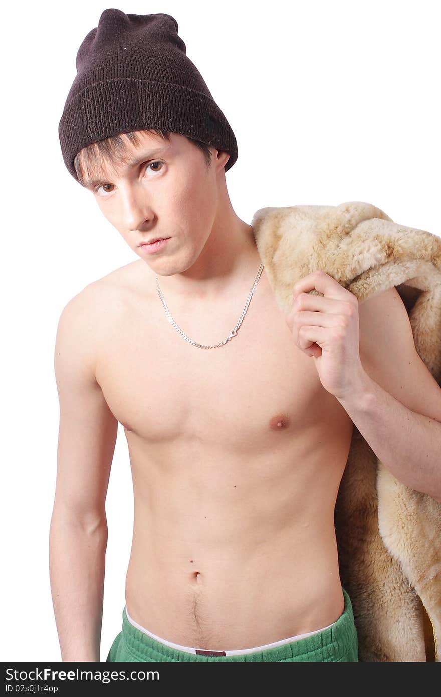 Man in handcuff and fur on white background