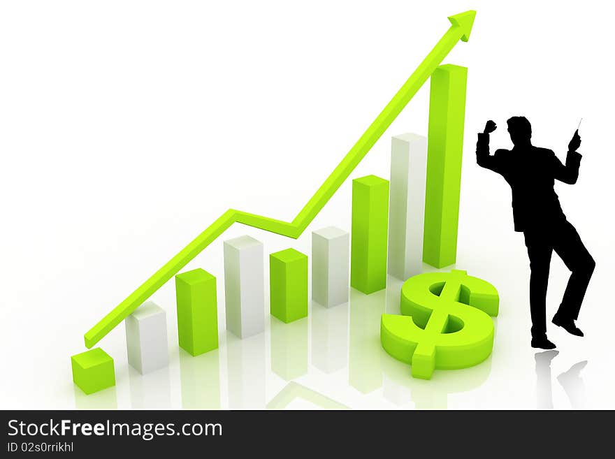 3d yellow graph and business man showing rise in green color background. 3d yellow graph and business man showing rise in green color background