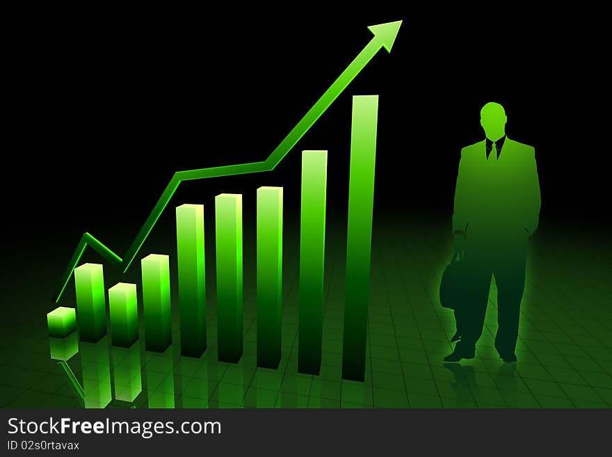 3d yellow graph and business man showing rise in green color background. 3d yellow graph and business man showing rise in green color background