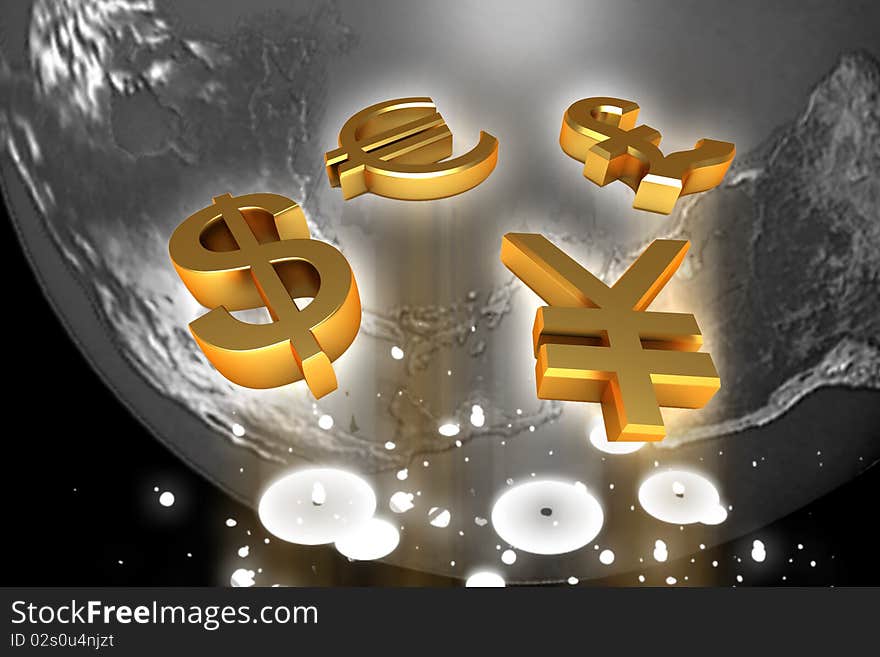 Digital illustration of  world and world currency  in color background