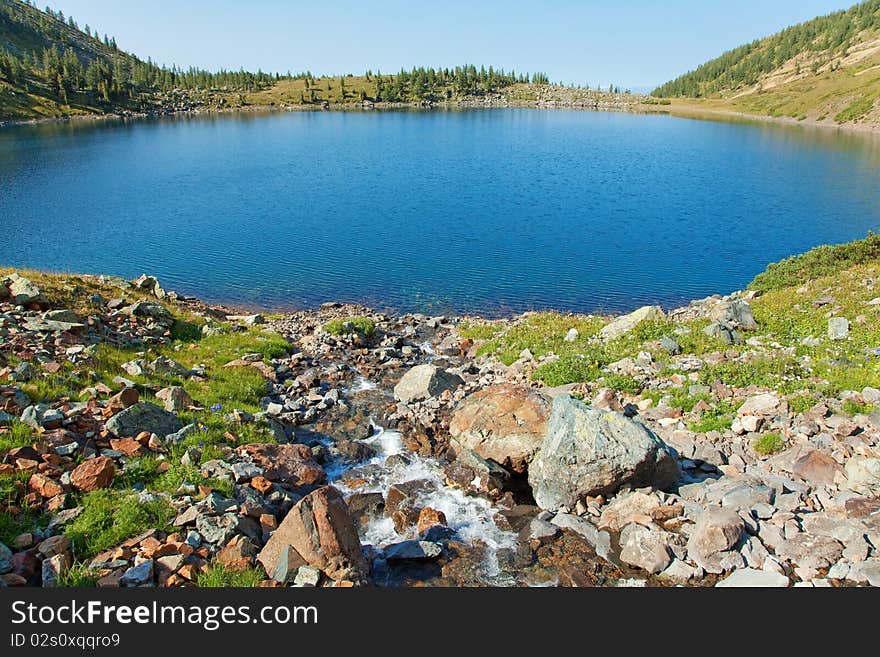 Clean stream and lake in mountain, altai