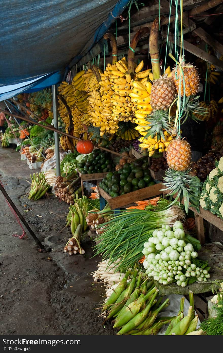 Various fresh vegetables and fruit at asian traditional market. Various fresh vegetables and fruit at asian traditional market