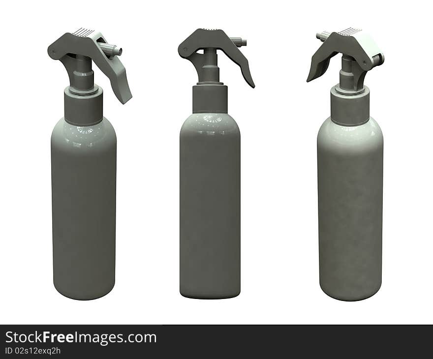 3d renders of a white plastic spray bottle showing side and perspective views isolated on white. 3d renders of a white plastic spray bottle showing side and perspective views isolated on white