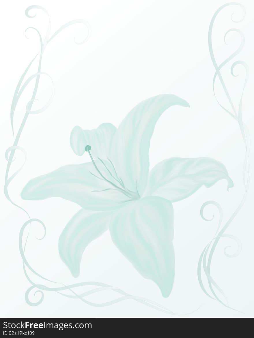 Wedding style frame with tender lily on the light light blue background