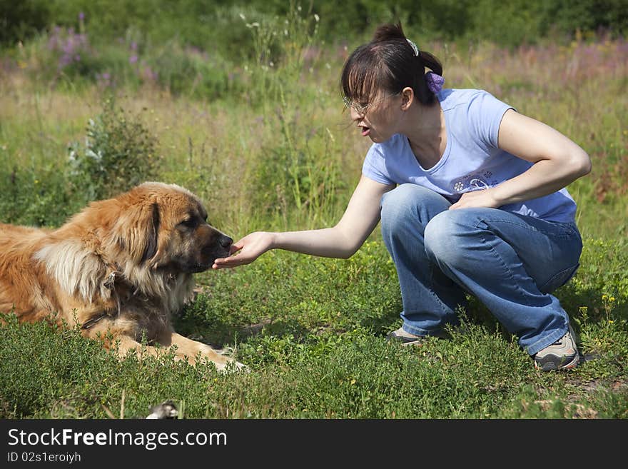 Lady feeding dog