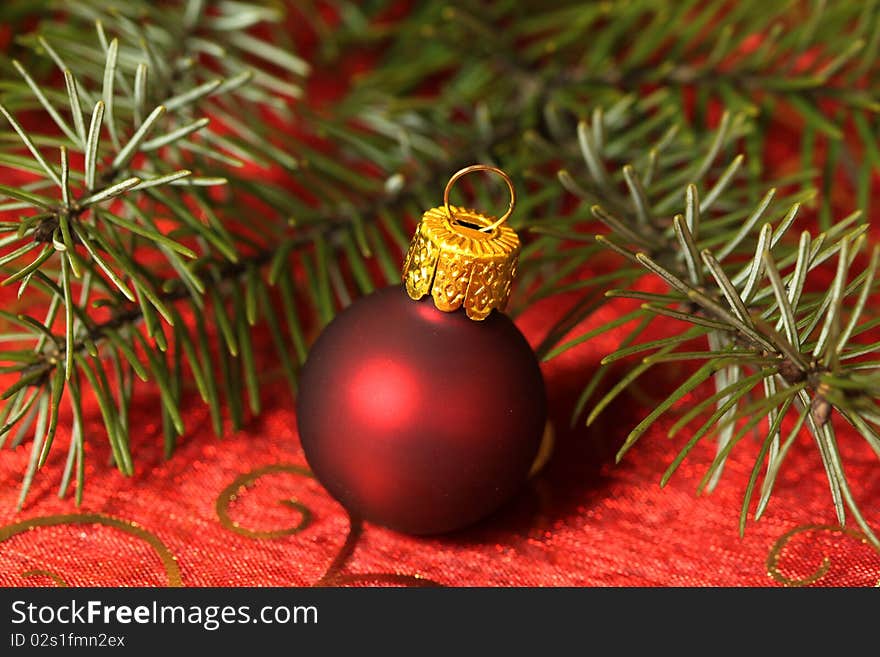 One red Christmas glass ball and branch of fresh spruce.