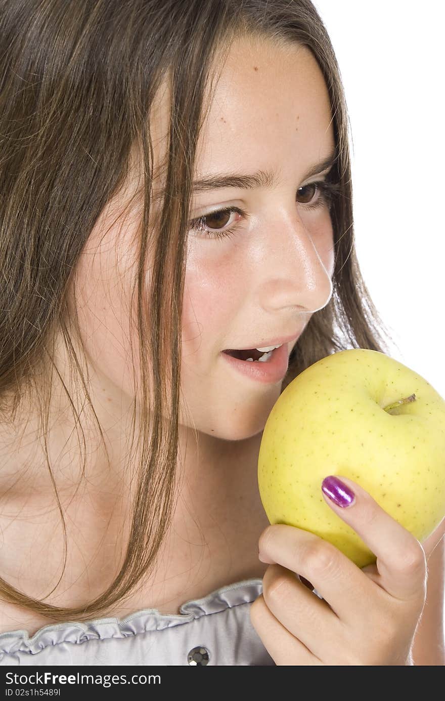 Picture of young girl with green apple. Picture of young girl with green apple