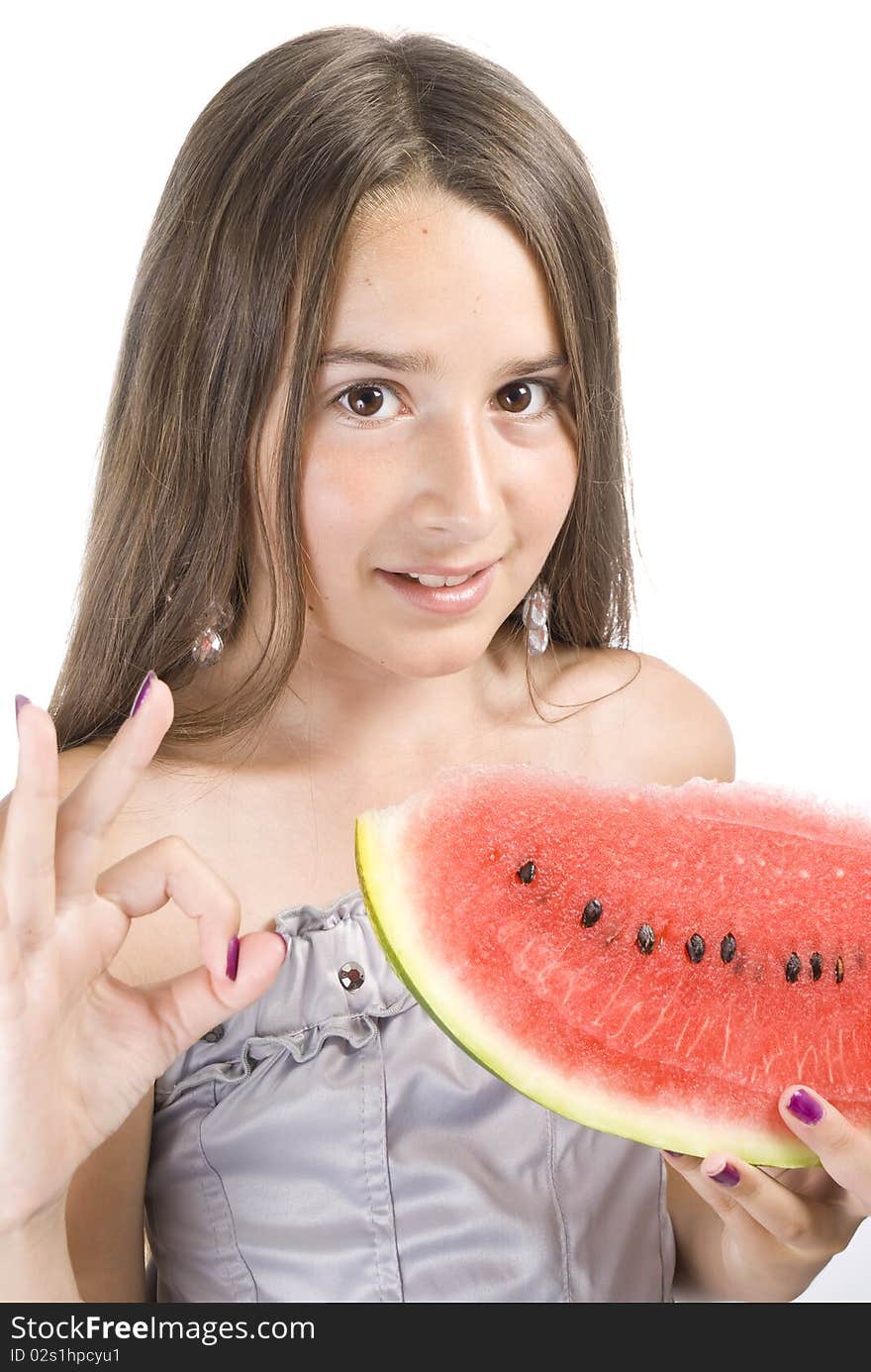 Girl eating Watermelon isolated on white background