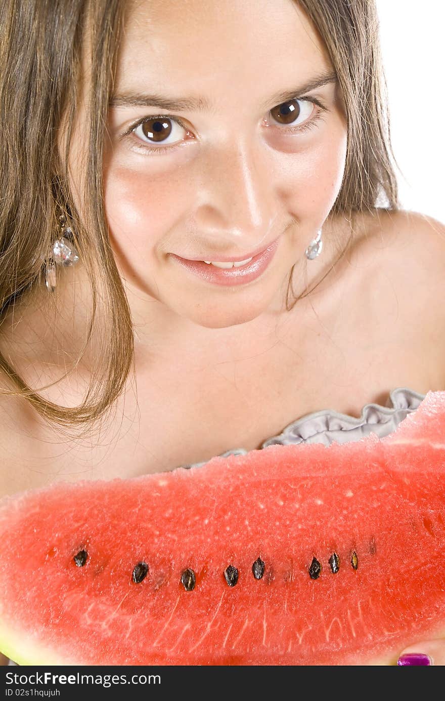 Girl eating Watermelon isolated on white background