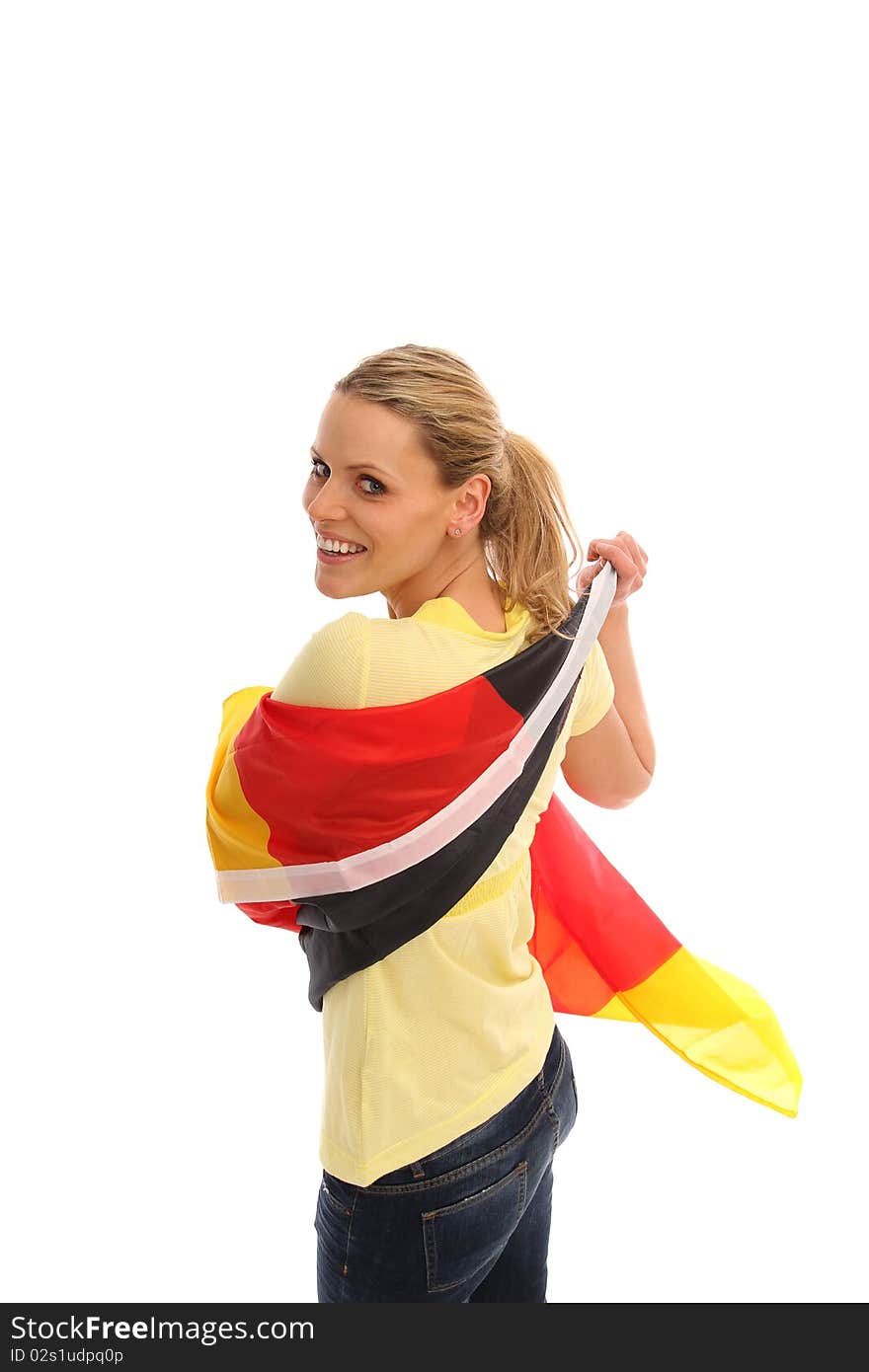 Beautiful blond girl holding a german flag. Beautiful blond girl holding a german flag