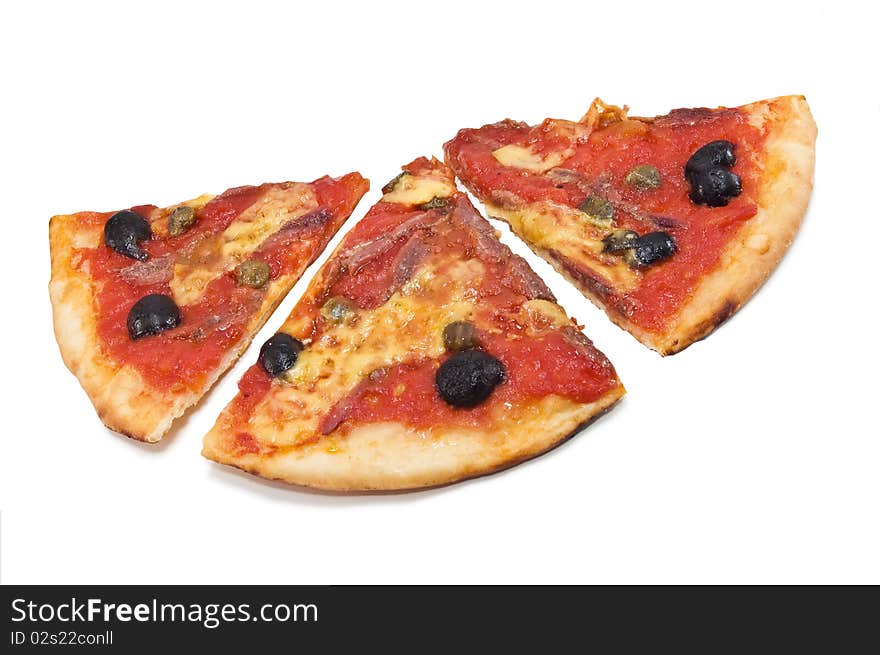 Hree pieces pizza isolated on white