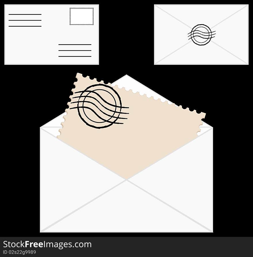 Vector illustration of a blank envelope with post stamp on black background