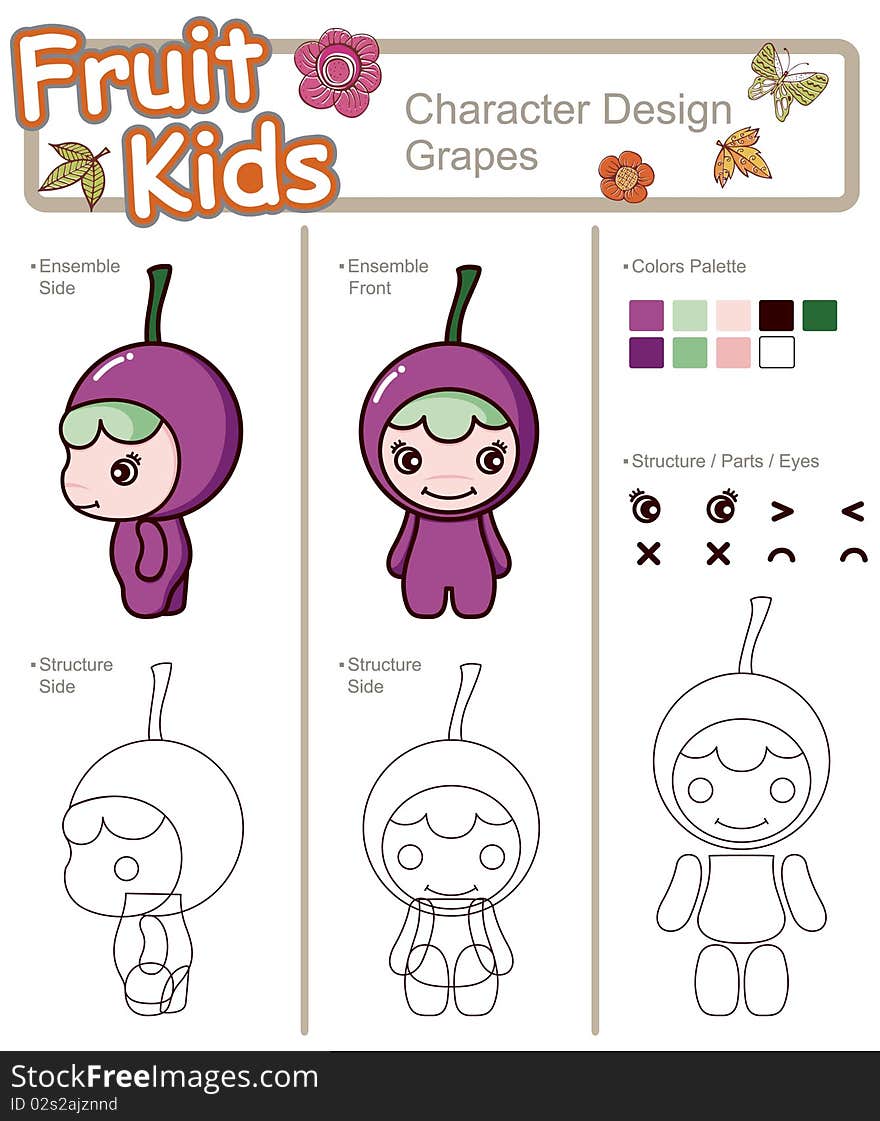 Illustration of fruity dressed baby isolated on white, with color palettes. ------ Grape. Illustration of fruity dressed baby isolated on white, with color palettes. ------ Grape.