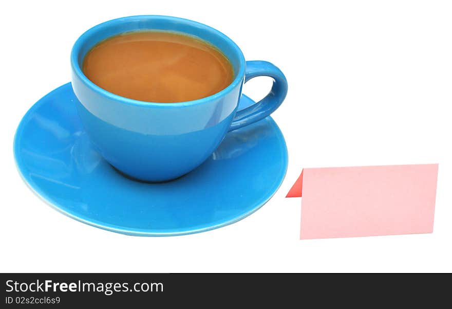 Sticky note sticking on coffee cup on white background