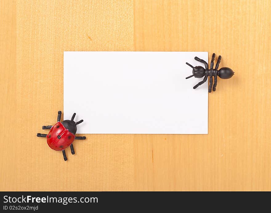 Blank Business Card with Toy Ant and Ladybug. Blank Business Card with Toy Ant and Ladybug