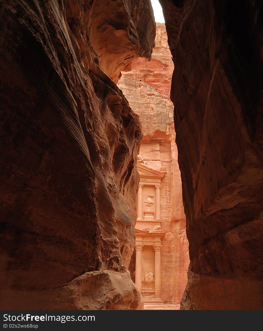 Petra temple from canyon