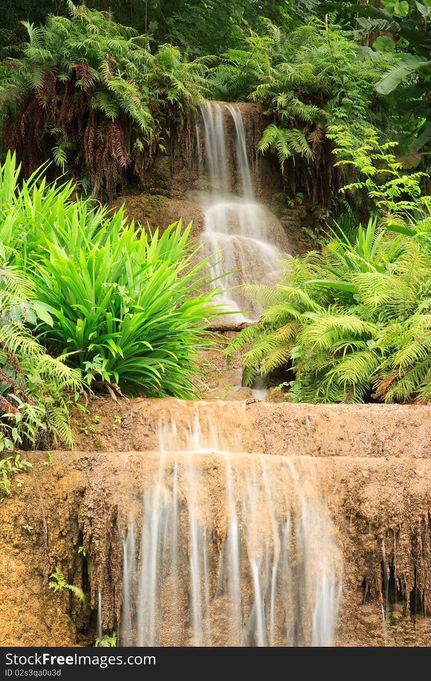 Small waterfall and green plants