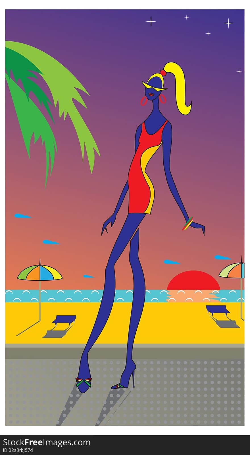 Vector stylized figure of a young girl's being on night beach by the sea. Vector stylized figure of a young girl's being on night beach by the sea.