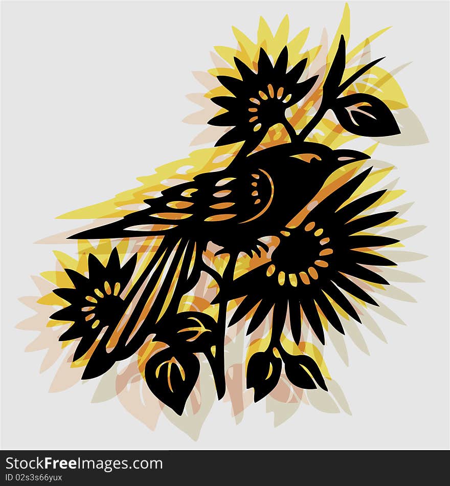 Vector illustration of decorative asian bird on a flowering branch. Vector illustration of decorative asian bird on a flowering branch