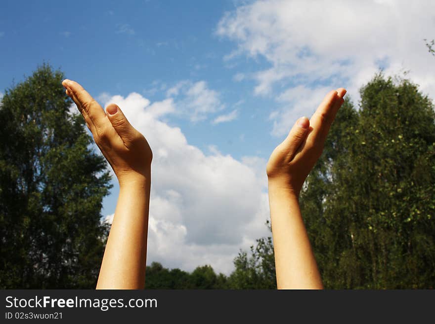 Woman's hands on the background sky