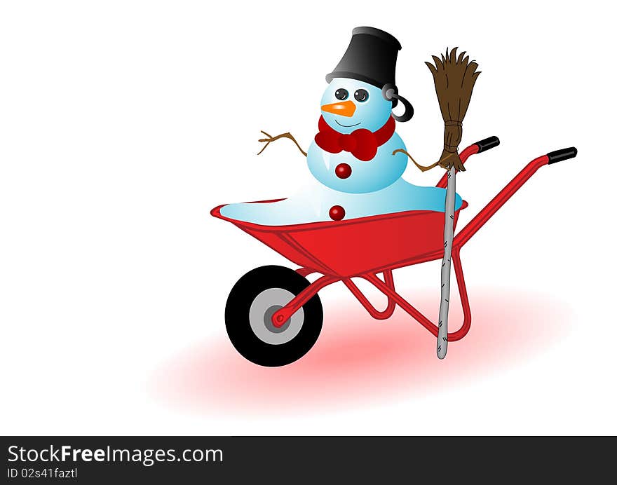 Vector illustration the snowman in a red wheelbarrow.