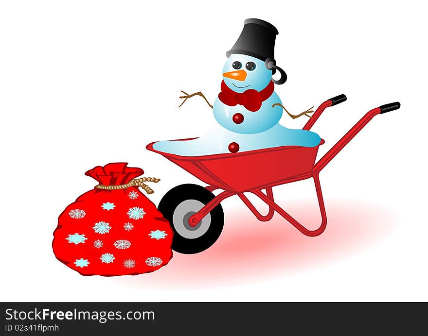 Vector illustration the snowman in a red wheelbarrow.