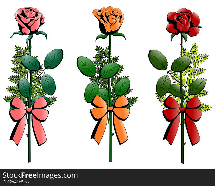 Three Small Bouquets Of Roses Decorated With Ribbo